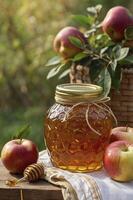 Honey Jar with Apples Still Life Arrangement on Rustic Wooden Table photo