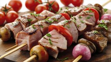 carne brochetas con Tomates y cebollas en de madera brochetas foto