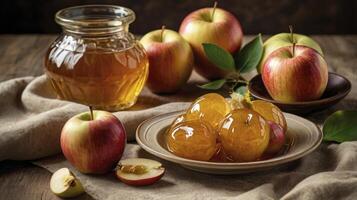 Apples with Honey and Apple Preserves Still Life Arrangement photo