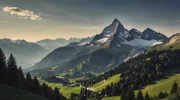 Scenic Mountain Range Landscape with Green Valley and Snow Peaks photo