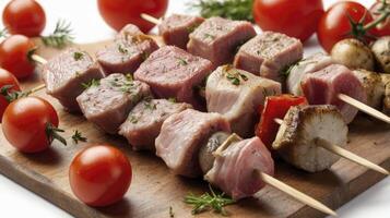 Preparing Meat Skewers with Cherry Tomatoes photo