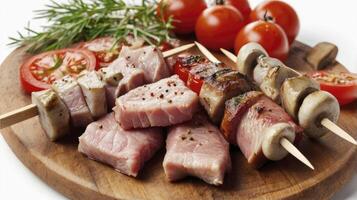 Preparing Meat Skewers with Tomatoes and Mushrooms photo