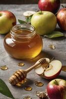 Honey Jar with Apple Halves and Honey Dipper for Rosh Hashanah photo