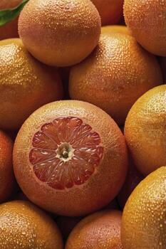 Pile of Fresh Ruby Red Grapefruit with Water Droplets Macro photo
