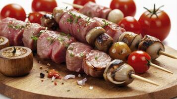 servicio carne y vegetal brochetas en de madera tablero con Cereza Tomates foto