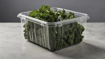 Fresh Kale in Clear Container Sits on Marble Surface Studio Shot photo