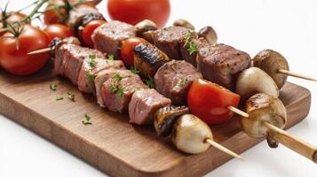 Grilling Meat Skewers with Vegetables on Wooden Board for Healthy Meal photo