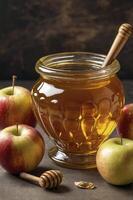 Honey in Glass Jar with Apples and Wooden Dipper Still Life photo