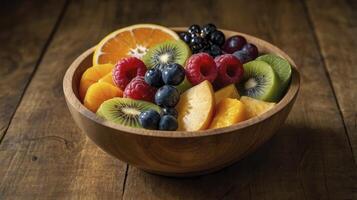 Fresh Fruit Bowl with Orange Kiwi and Berries on Wood Table photo