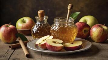 Arrangement of Fresh Apples, Honey Jar and Cinnamon Sticks on Rustic Table photo