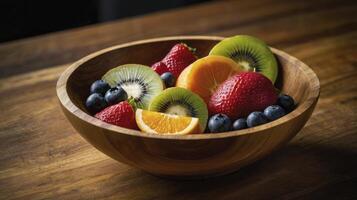 Wooden Bowl Filled with Fresh Fruit on a Wooden Table photo