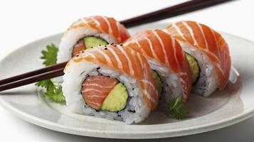 Salmon Sushi Rolls on Plate with Chopsticks Close Up View photo