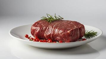 Fresh Beef Roast on Plate Garnished with Rosemary and Red Currants photo