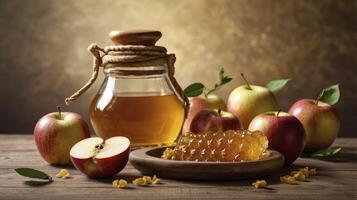 Apples and Honey with Jar, Jewish Holiday Rosh Hashanah Still Life photo
