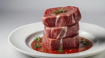Stacked Raw Beef Filet Mignon Medallions with Rosemary and Red Sauce photo