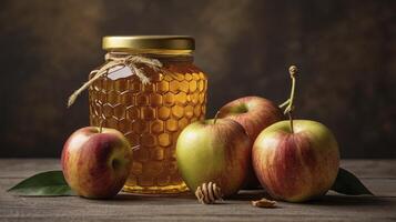 Honey Jar with Apples on Wooden Table Still Life Composition photo