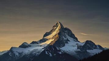 Majestic Mountain Peak Covered in Snow Bathed in Golden Sunset Light photo