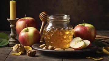Celebrating Rosh Hashanah with Honey Apples and Festive Decorations photo