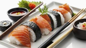 Serving of Fresh Salmon Sushi on Plate with Dipping Sauce photo