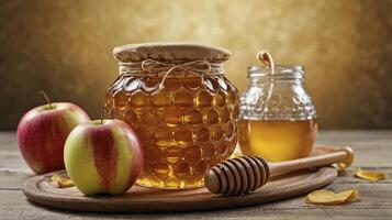 Honey Jar with Apples and Dipper on Wood Table Still Life photo