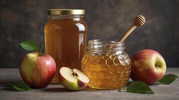 Honey Jars and Apples Still Life with Autumn Harvest Theme photo