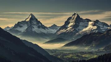 Majestic Snow Capped Mountains and Valley with Foggy Landscape Scenery photo