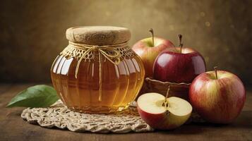 Golden Honey Jar with Fresh Apples Sitting on Wooden Table photo