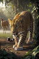 Leopard Strolling Through Jungle with Gazelle Watching in the Background photo