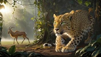 A leopard and gazelle in the jungle photo