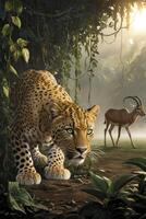 Leopard Stalking Prey in Jungle, Gazelle Walking in Background photo