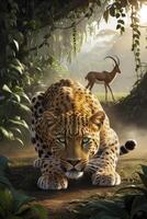 Leopard Crouching Low on the Ground with Gazelle in the Background photo