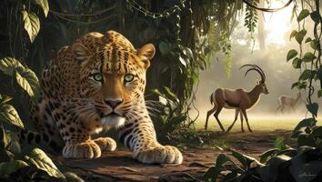 Leopard Crouching in Jungle Watching Antelope in Foggy Clearing photo