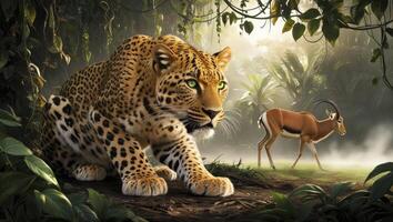 Leopard Stalking Antelope in Lush Jungle Environment Hunting Scene photo