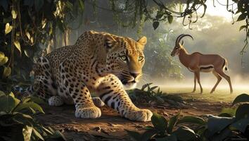 Leopard Stalking Impala in Misty Jungle Clearing Under Bright Sunlight photo