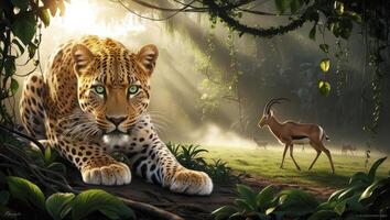 Leopard Preparing to Pounce in Jungle with Gazelle at a Distance photo