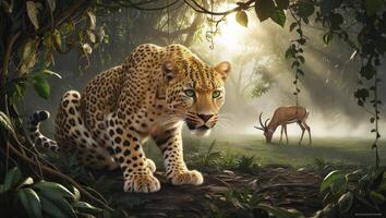 Leopard Crouching in Jungle Stalking Deer with Sun Rays Shining Through photo