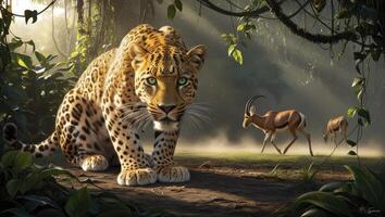 Leopard Stalking Prey in Jungle, Gazelles Fleeing in Misty Forest photo