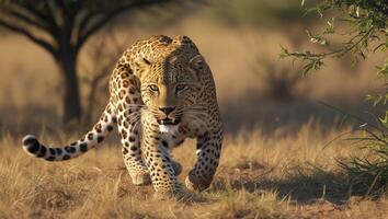 Leopard Walking Through Grassland Towards Camera Wildlife Nature African Safari photo