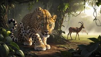 Leopard in Jungle Stalking Impala Wildlife Scene with Lush Vegetation photo
