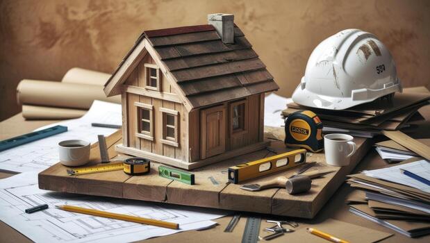 Miniature House Model Surrounded by Construction Tools and Blueprints photo