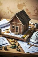 Model House with Construction Tools on Architectural Blueprints for Home Project photo
