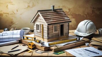 Miniature House Construction with Blueprints and Tools on a Wooden Table photo