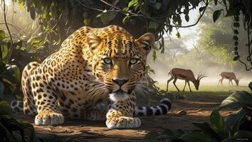 Leopard Crouching Low Hunting Prey in Lush Green Jungle Setting photo