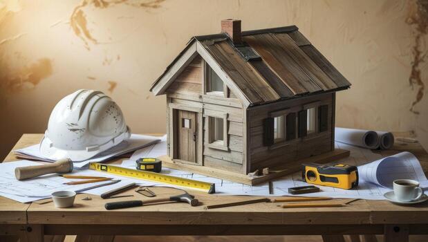 Model House with Tools on a Table Representing Architecture and Planning photo