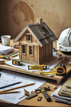 Miniature Wooden House with Tools and Blueprints Concept for Construction and Design photo