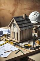 House Model on Design Table with Blueprints Construction and Building photo