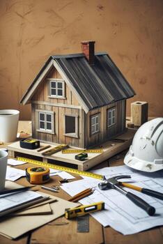 Model House and Tools on Table Representing Architectural Design and Construction photo