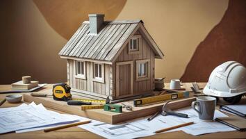 Building Model House with Construction Tools on Table Plan Drafting Concept photo
