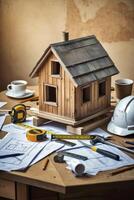 Model House with Blueprints, Tools, and Coffee on a Workshop Table photo