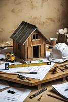 Model House and Construction Tools on Table with Blueprints and Hard Hat photo